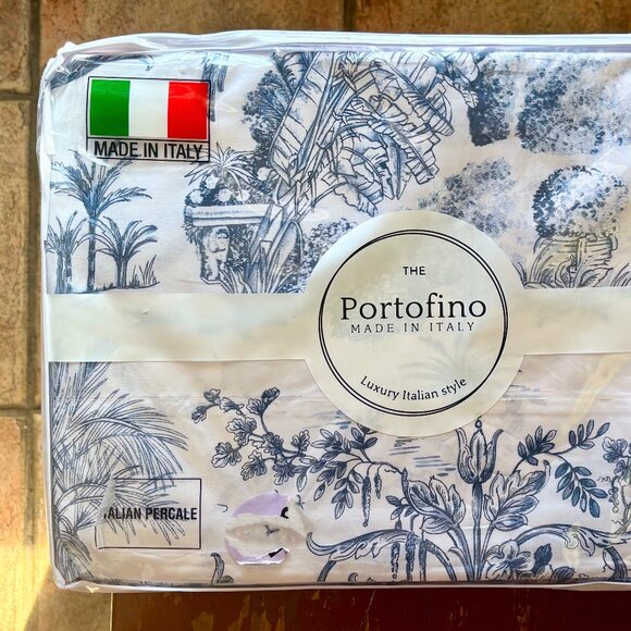 Portofino Italy QUEEN Size Cotton Sheet Set BLUE & WHITE Jungle Toile Elephant